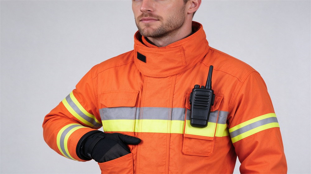 Firefighter wearing orange fire protective suit with reflective strips and two-way radio on chest pocket