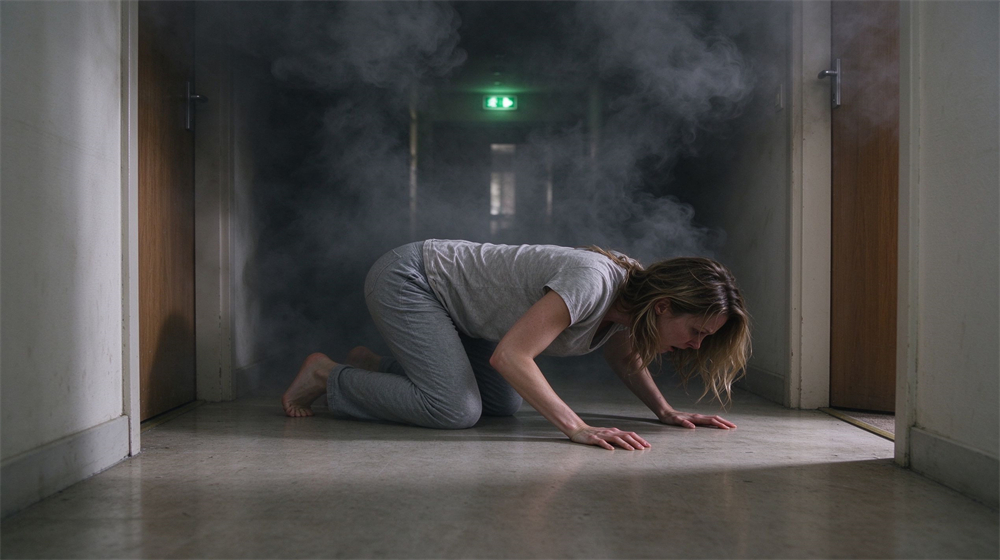 Photorealistic interior of a Caucasian woman in grey home wear crawling low on hands and knees along a smoke filled apartment hallway, dense dark smoke overhead, clean air near floor, green exit sign glowing in distance