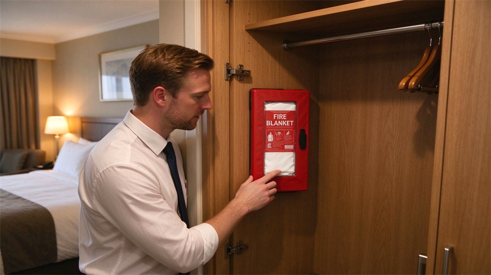 Hotel room interior showing a wall mounted red packaged fire blanket inside the closet near the door, neat hotel bedding visible, warm room lighting, travel guest perspective of emergency equipment