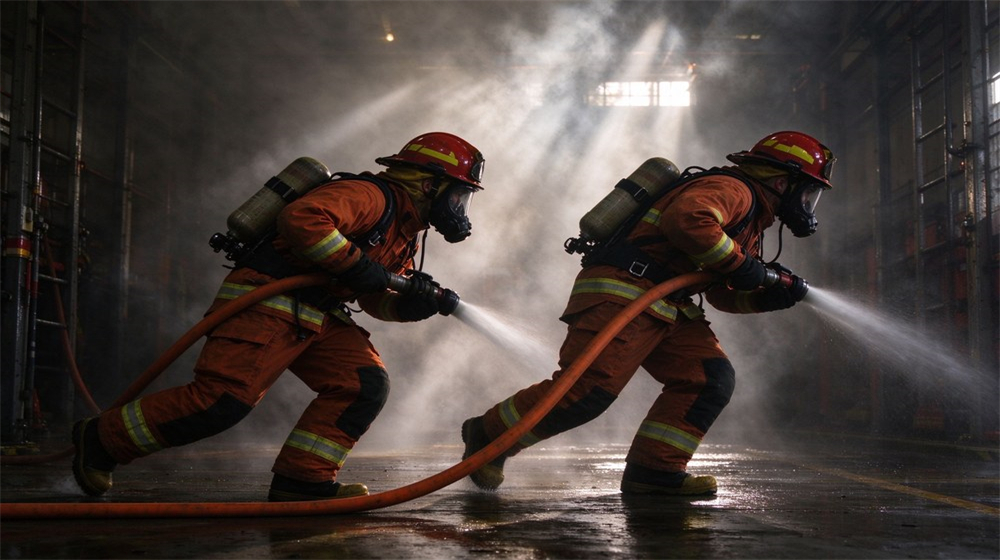 Interior smoke scene with a firefighter in SCBA and full turnout gear advancing through dense smoke, orange emergency lighting, visor down, no face visible, thick gray smoke filling the corridor, dramatic fire ground atmosphere