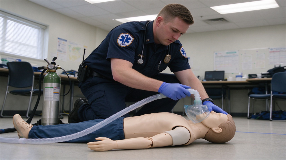 Emergency medical training room with a male paramedic in dark blue EMS uniform kneeling and placing an oxygen mask on a training manikin lying on the floor, green portable oxygen cylinder visible, bright clean training facility Emergency medical training room with a male paramedic in dark blue EMS uniform kneeling and placing an oxygen mask on a training manikin lying on the floor, green portable oxygen cylinder visible, bright clean training facility