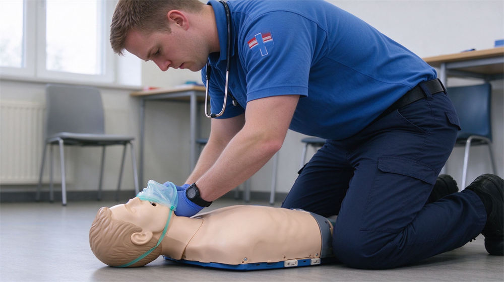 CPR training scene with a male rescuer in blue uniform kneeling beside an adult manikin on the floor, giving rescue breaths through a mask with head tilt chin lift position, bright training room, focused and serious expression CPR training scene with a male rescuer in blue uniform kneeling beside an adult manikin on the floor, giving rescue breaths through a mask with head tilt chin lift position, bright training room, focused and serious expression