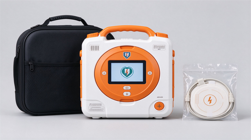 Studio product shot of an automated external defibrillator training unit on light gray background with white and orange AED device, black carrying case, sealed electrode pads package, screen showing ready icon, product fills eighty percent Studio product shot of an automated external defibrillator training unit on light gray background with white and orange AED device, black carrying case, sealed electrode pads package, screen showing ready icon, product fills eighty percent