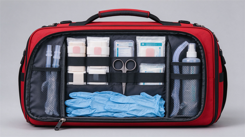 Studio product shot of an open red emergency trauma first responder bag on light gray background, unzipped showing organized compartments with bandages, dressings, scissors, blue gloves and airway kits, product fills eighty percent Studio product shot of an open red emergency trauma first responder bag on light gray background, unzipped showing organized compartments with bandages, dressings, scissors, blue gloves and airway kits, product fills eighty percent