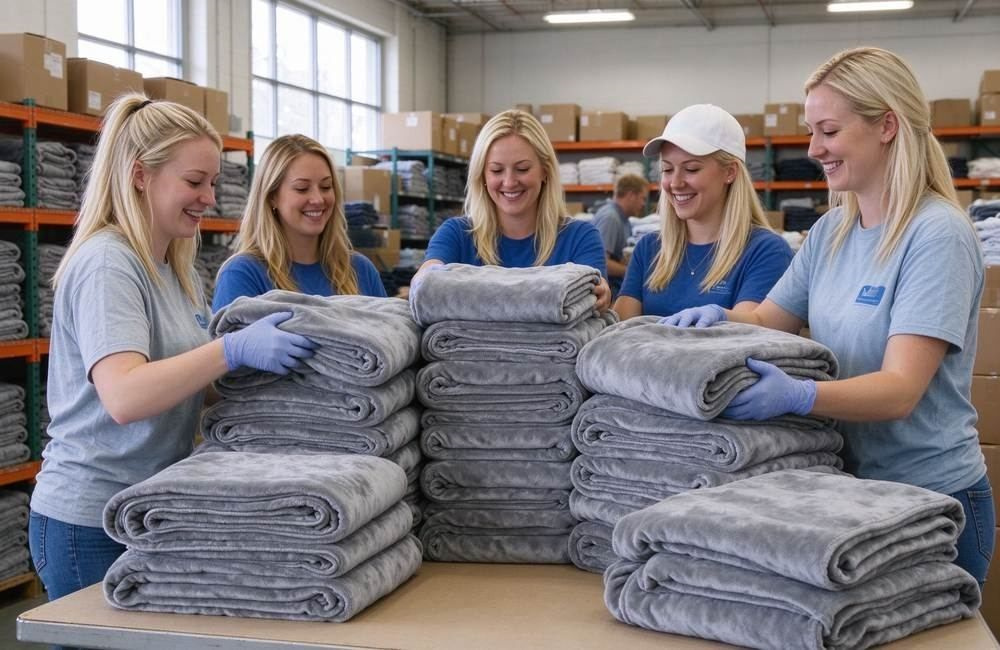 African volunteers folding treated mosquito nets into labelled packs at a field depot, showing mosquito nets bulk pack preparation for post-flood distribution