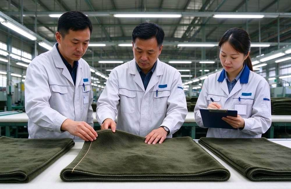 Asian inspectors measuring mosquito net mesh density with a magnifier-free gauge in the factory, showing insecticide treated nets wholesale batch checks