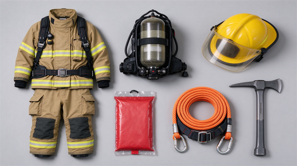 Top down flat lay of six fire fighting equipment categories on light gray background: turnout gear set, black SCBA unit, yellow fire helmet, red fire blanket, orange escape rope with harness, Halligan bar and axe, clean studio lighting