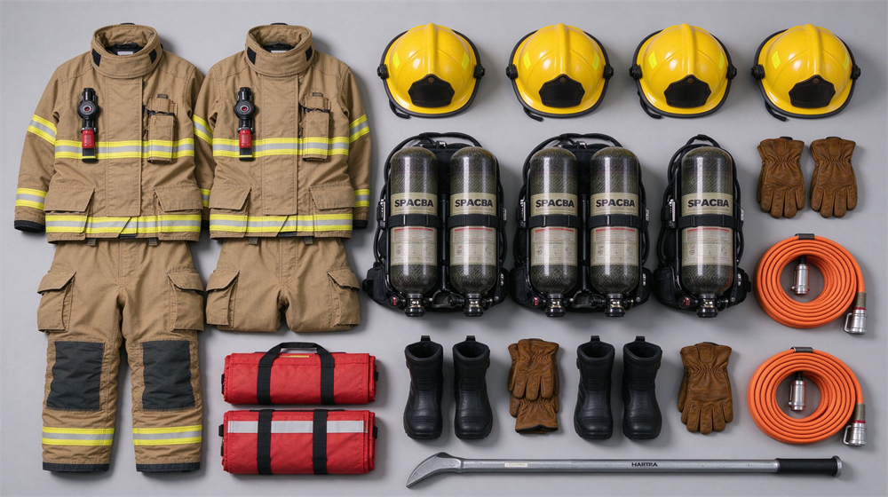 Top down flat lay of a complete four person fire fighting equipment package on light gray: turnout sets, SCBA units, helmets, gloves, boots, fire blankets, escape ropes and Halligan bar arranged in neat rows