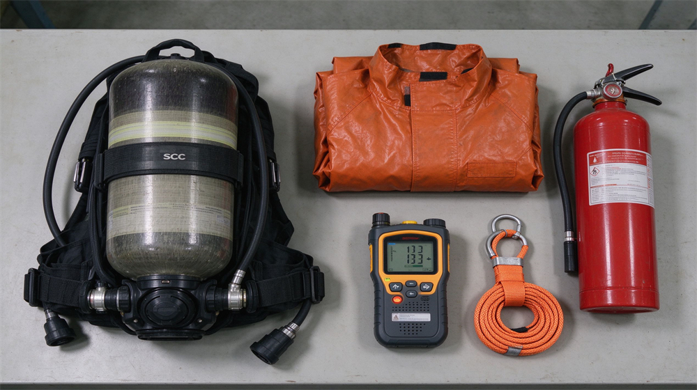Emergency rescue gear laid flat on table, breathing apparatus, protective suit, gas detector, rescue rope and fire extinguisher.