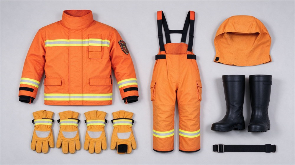 Full set of orange fire protective clothing with reflective stripes, jacket, bib trousers, hood, gloves, rubber boots and belt.