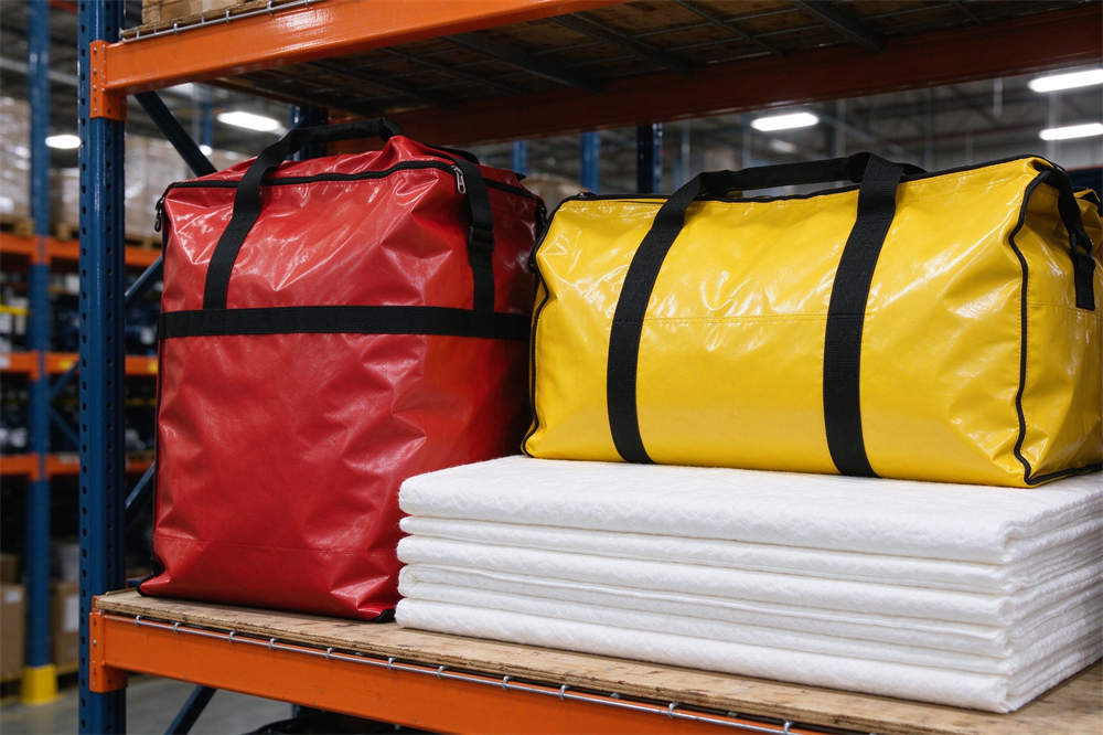 Spill kit supplies on warehouse shelf: red and yellow containment bags, absorbent pads, HazMat equipment for chemical spill response Spill kit supplies on warehouse shelf: red and yellow containment bags, absorbent pads, HazMat equipment for chemical spill response