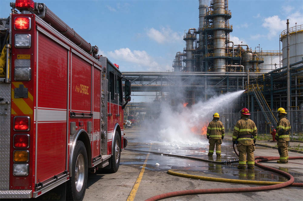 Chemical spill scene with fire truck at factory, emergency response to industrial HazMat incident, rescue operations in progress Chemical spill scene with fire truck at factory, emergency response to industrial HazMat incident, rescue operations in progress
