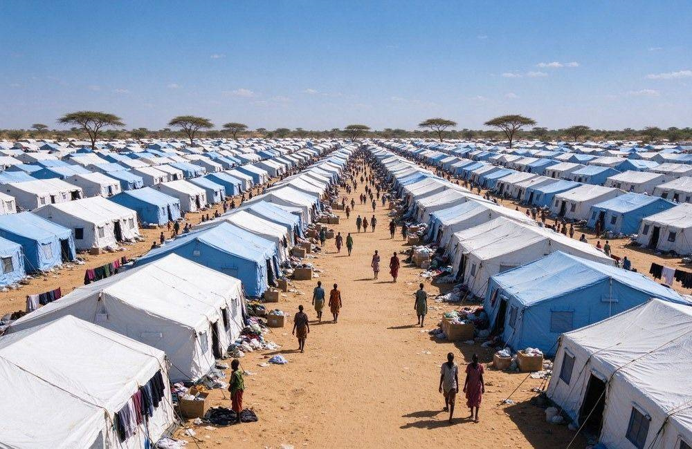 Wide view of a Sahel IDP tent camp with rows of white and blue shelter tents on sandy ground, showing camp bedding and shelter scale for refugee programs