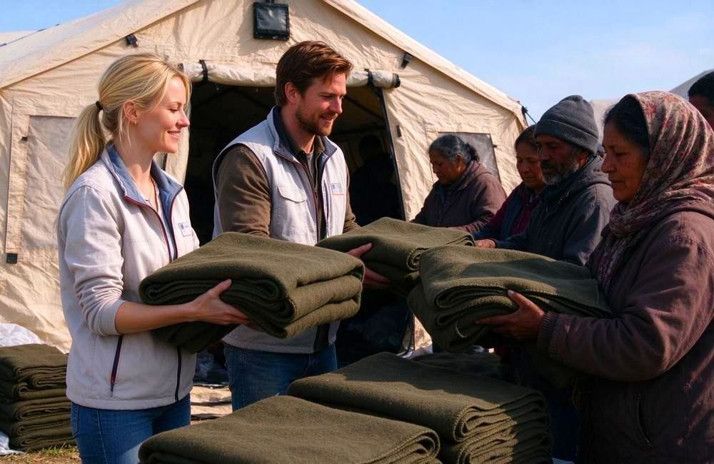 Volunteers handing blankets to families at a field tent during camp registration, showing camp relief supplies Africa reaching new arrivals