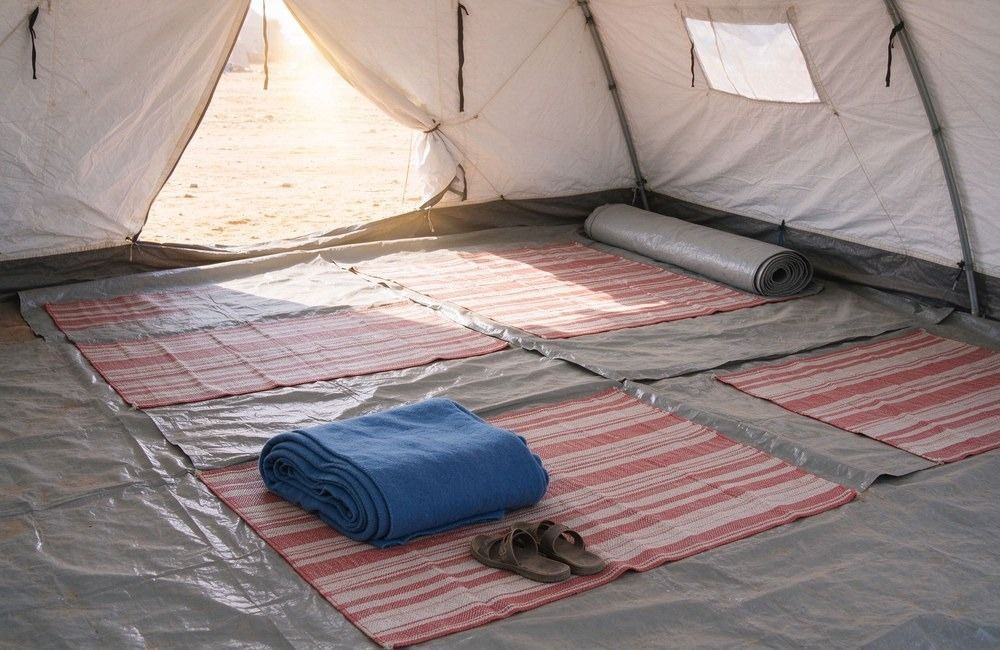 Camp sleeping area prepared with a grey tarpaulin and woven ground mats inside a tent, showing tarpaulins and floor covers used under camp bedding for displaced families