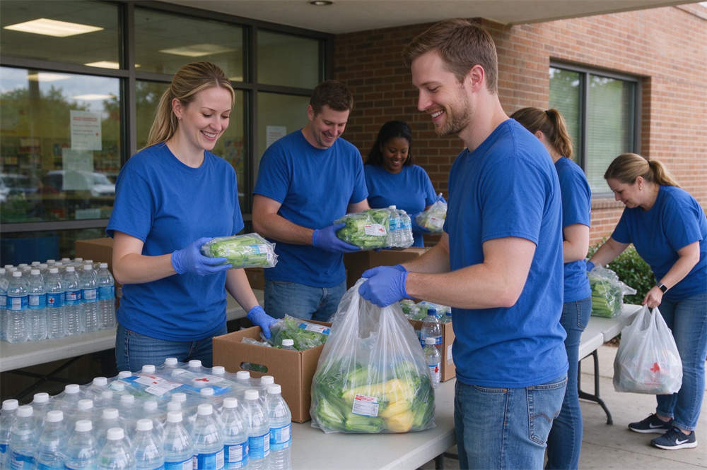 Flu emergency relief volunteers distributing supplies, community aid for influenza season, plain blue t-shirts no logos Flu emergency relief volunteers distributing supplies, community aid for influenza season, plain blue t-shirts no logos
