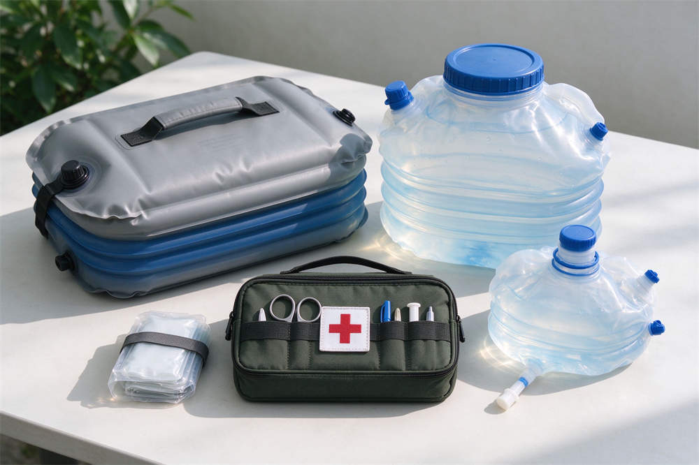 Foldable water jug and first aid kit together, home flu emergency kit supplies for influenza season and pandemic preparedness Foldable water jug and first aid kit together, home flu emergency kit supplies for influenza season and pandemic preparedness
