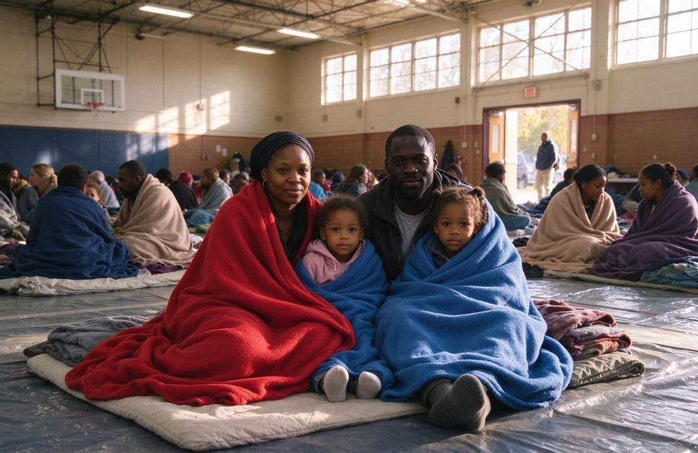 Family sheltered in a public building after a cyclone, wrapped in storm response blankets, showing how cyclone shelter blankets keep displaced families warm and dry