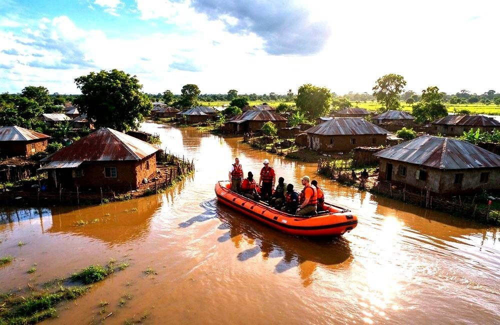 Aerial view of a flooded village after a cyclone in Mozambique, showing why cyclone relief supplies include shelter bedding for displaced families