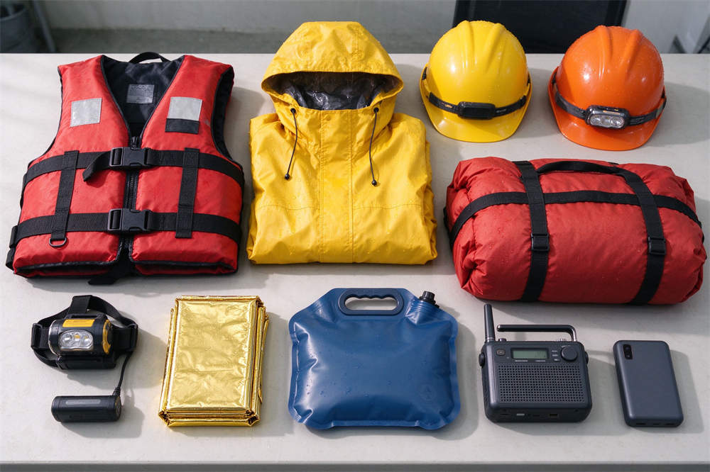 Water rescue equipment flat lay: life jackets, rain gear, helmets, blankets, water bladders, headlamp radio, no walkie talkies