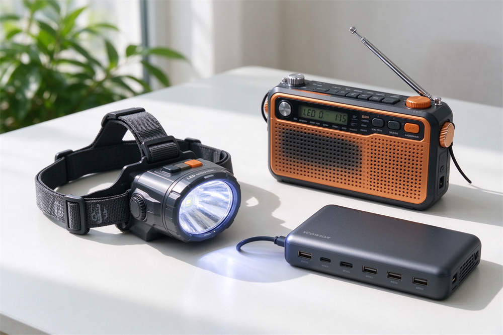 Emergency lighting and communication products: headlamp, hand crank radio, power bank for water rescue operations
