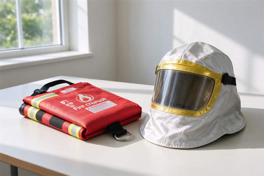 Fire blanket and smoke hood for water safety kit, fire safety equipment for boats and coastal emergency preparedness