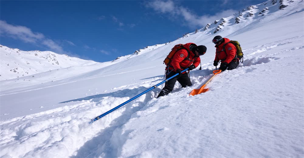 Wide view of rescuer probing snow with long probe pole on sunny day showing avalanche probe technique after beacon location