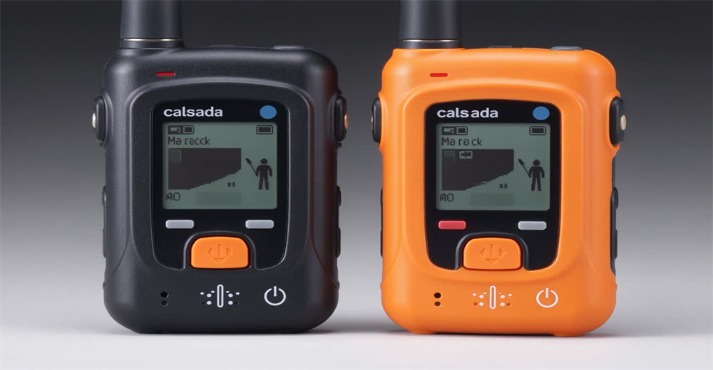 Front view of digital avalanche beacon transceiver with display screen showing essential backcountry rescue beacon