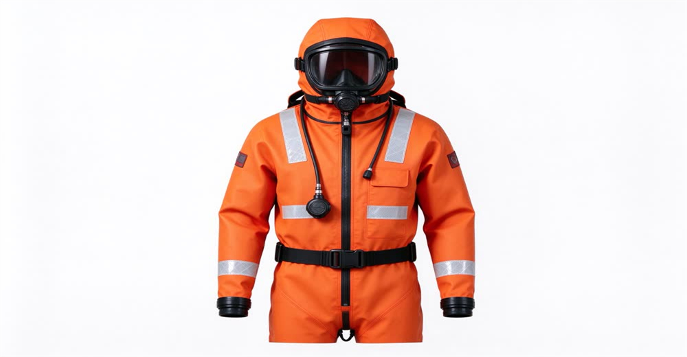 Front view of orange neoprene immersion survival suit showing cold water protective suit for maritime emergency Front view of orange neoprene immersion survival suit showing cold water protective suit for maritime emergency