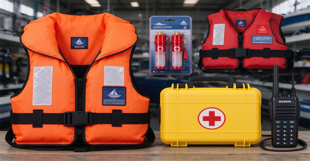Flat lay complete maritime safety kit including life jacket flares first aid and radio showing wholesale boat safety equipment Flat lay complete maritime safety kit including life jacket flares first aid and radio showing wholesale boat safety equipment