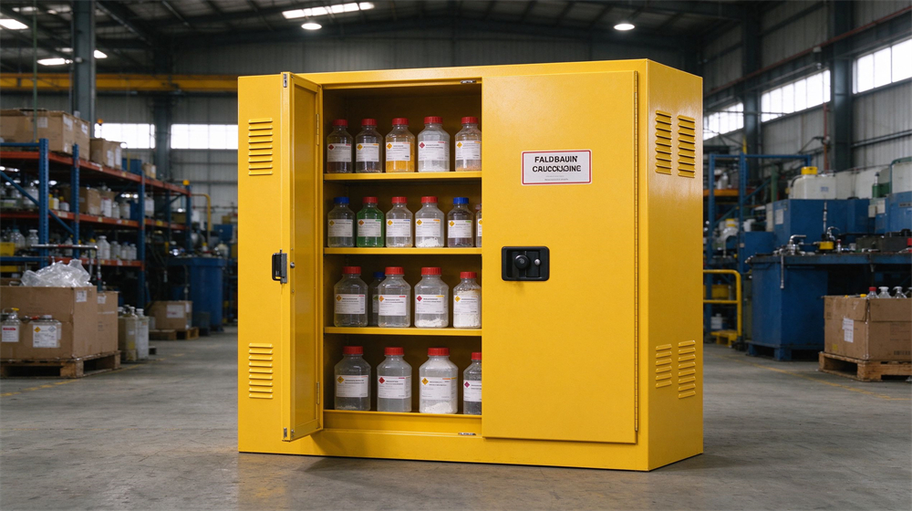 Yellow flammable safety cabinet with open door, chemical reagent bottles neatly placed inside in warehouse Yellow flammable safety cabinet with open door, chemical reagent bottles neatly placed inside in warehouse