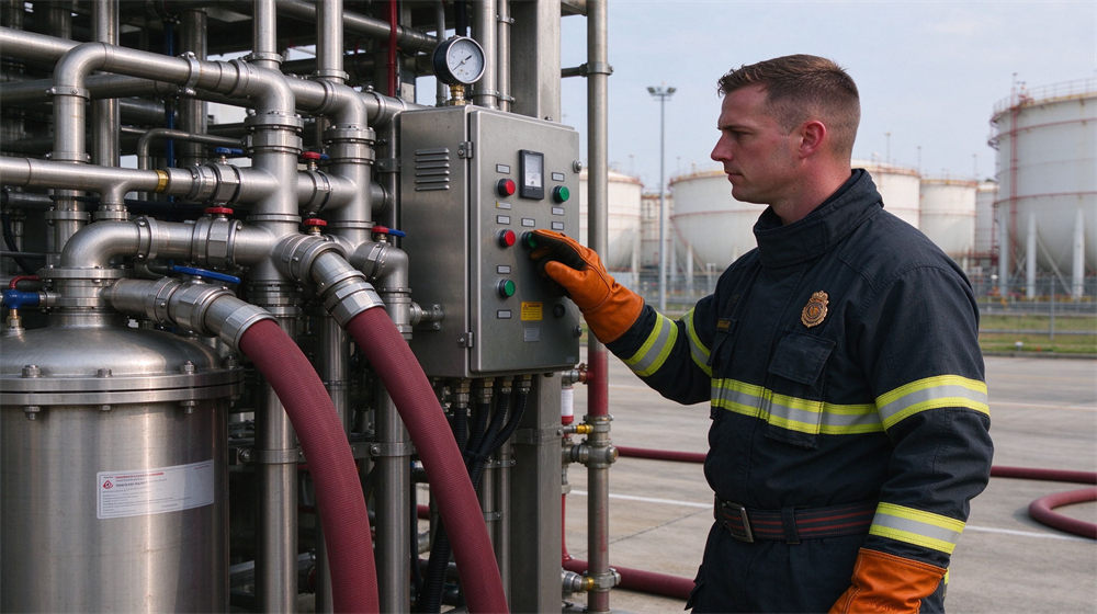 Firefighter in dark fire uniform with reflective stripes presses control button on stainless control panel at industrial tank farm. Firefighter in dark fire uniform with reflective stripes presses control button on stainless control panel at industrial tank farm.
