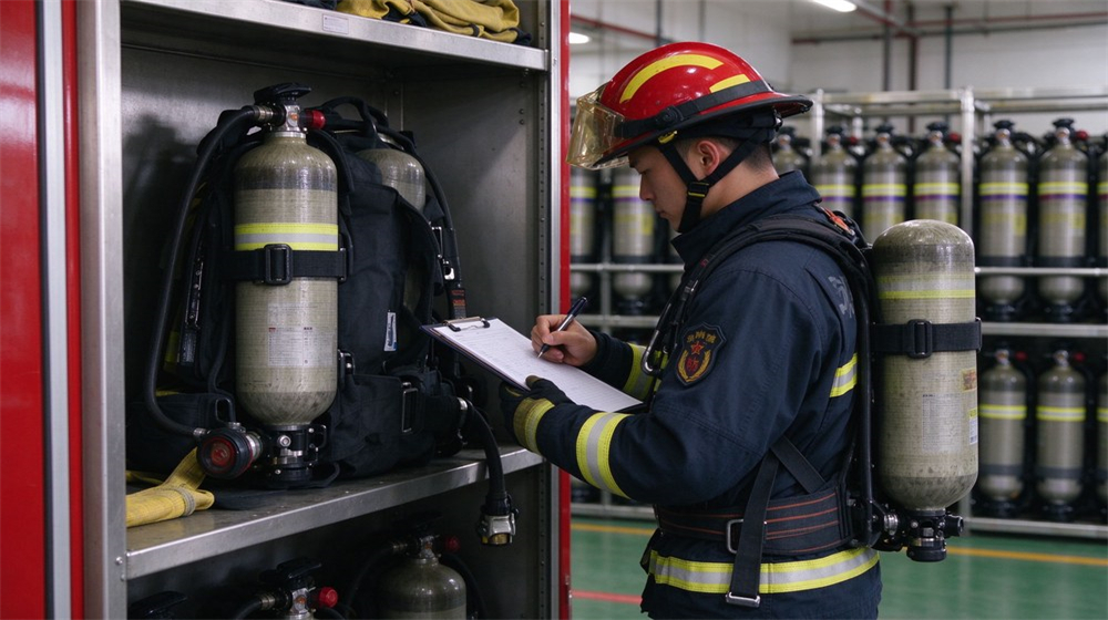 Firefighter records inspection data on clipboard while checking self-contained breathing apparatus in equipment storage room.