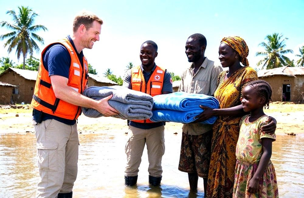 Front view of rescue workers in bright sunlight handing waterproof flood relief blankets to displaced families standing in shallow floodwater in an African village, warm tones, multiple people with different faces