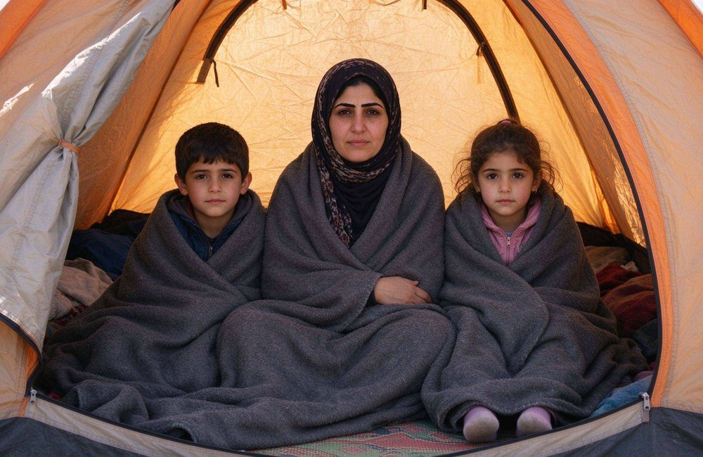 Wide view of a displaced family resting with relief blankets inside a temporary shelter, flood relief bedding for displaced households in emergency camps