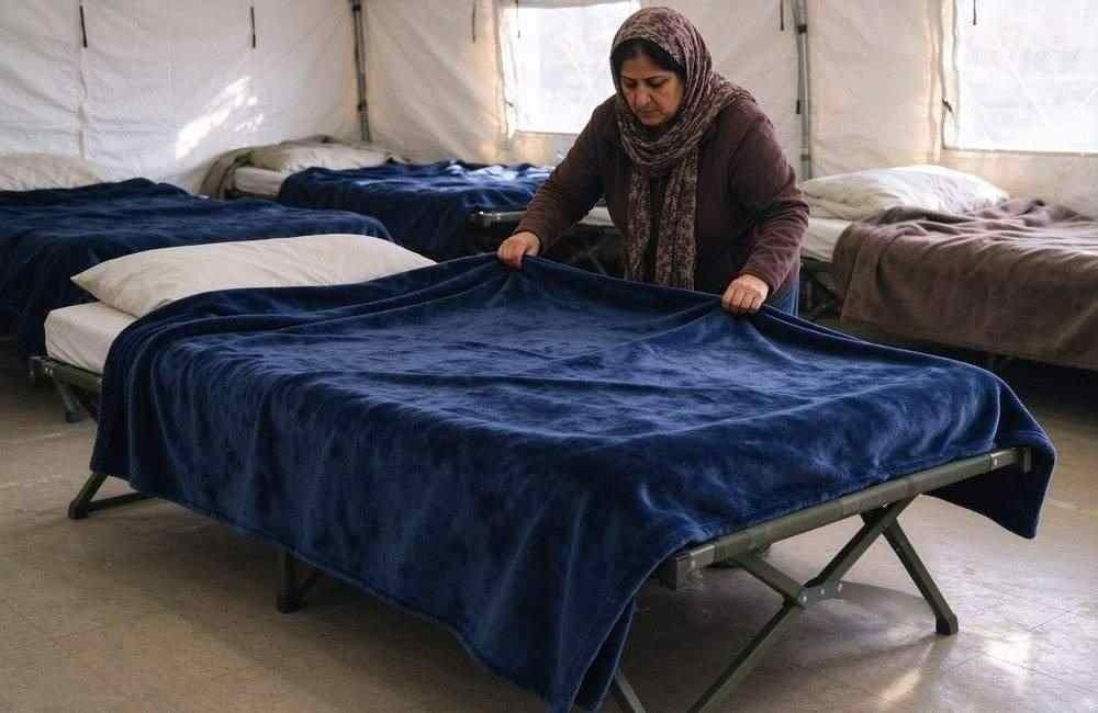 Product view of a 150 by 200 cm flannel relief blanket covering a camp cot fully, standard size for adult flood relief bedding