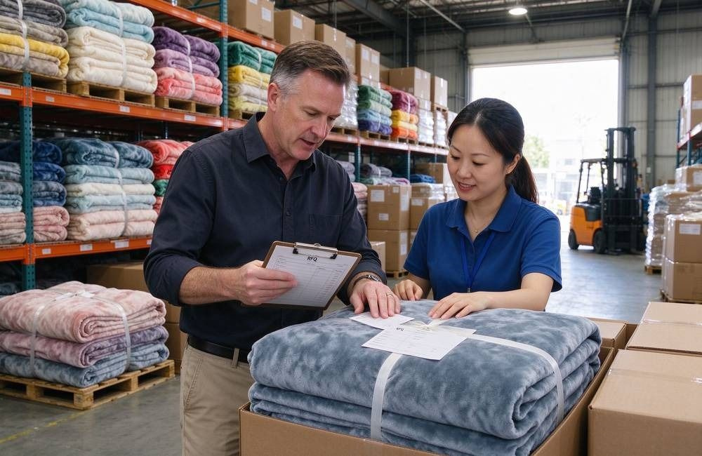 Wide view of European procurement staff checking a relief RFQ document against flannel blanket samples during emergency supplies sourcing review
