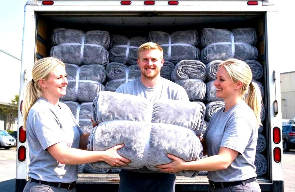 Wide view of relief staff loading packed blanket cartons onto a delivery truck at a warehouse dock, bright daylight, organised workflow