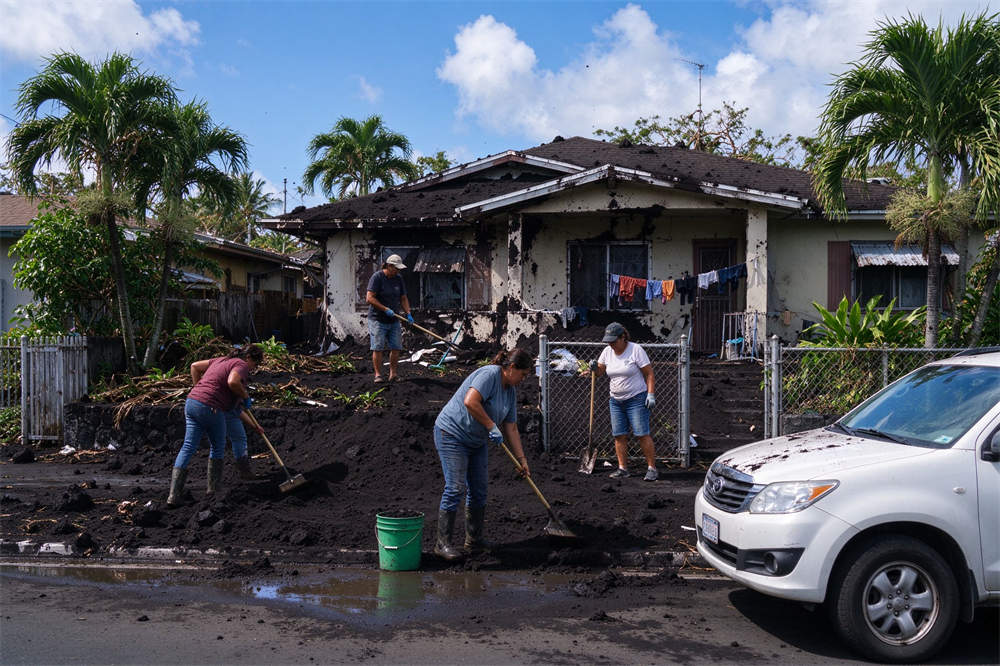 House covered in volcanic ash with residents cleaning up, volcanic ash preparedness cleanup supplies and procedures House covered in volcanic ash with residents cleaning up, volcanic ash preparedness cleanup supplies and procedures