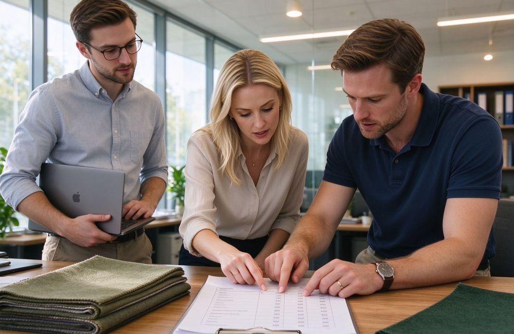 Procurement team checks order quantity on paperwork together with folded cold weather wool blend emergency blanket samples on office table
