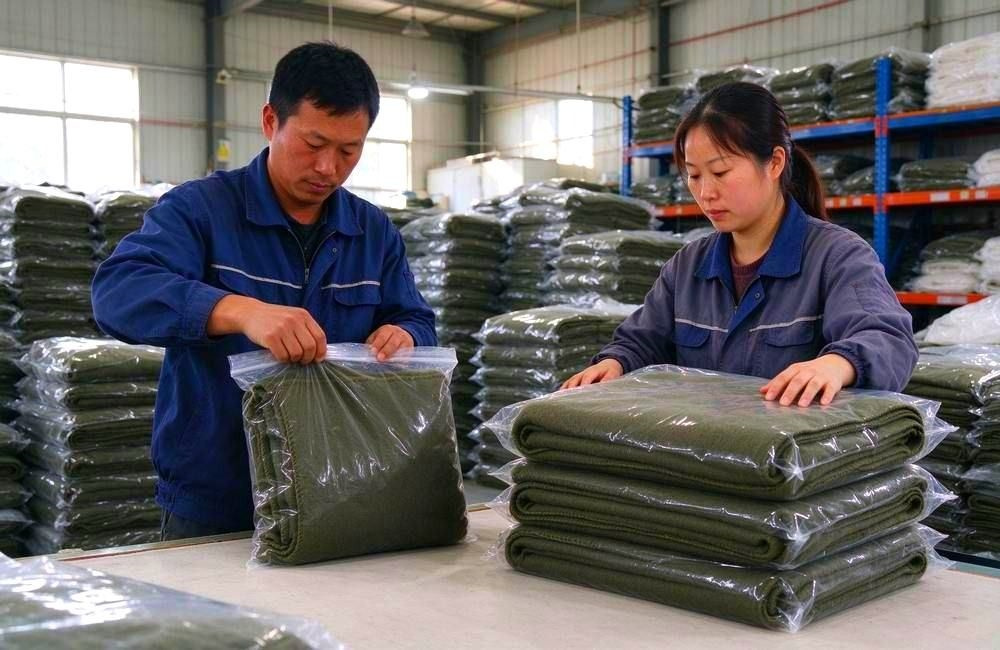 Two Asian factory workers carefully packing folded olive green wool blend emergency blankets into transparent plastic bags inside the warehouse workshop