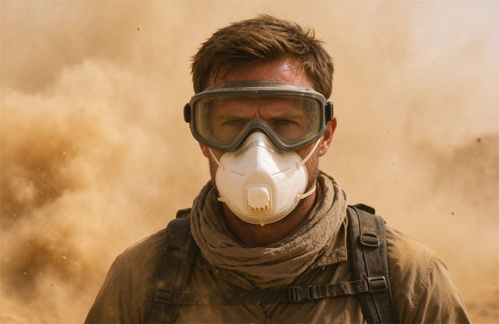 Caucasian man wearing N95 mask and protective goggles walking in dust storm, dust storm preparedness, PPE for sandstorm